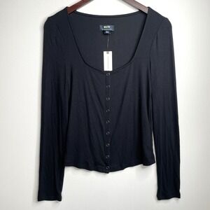 Maeve Anthropologie Black Ribbed Snap Front Top Small NWT Fitted Stretch